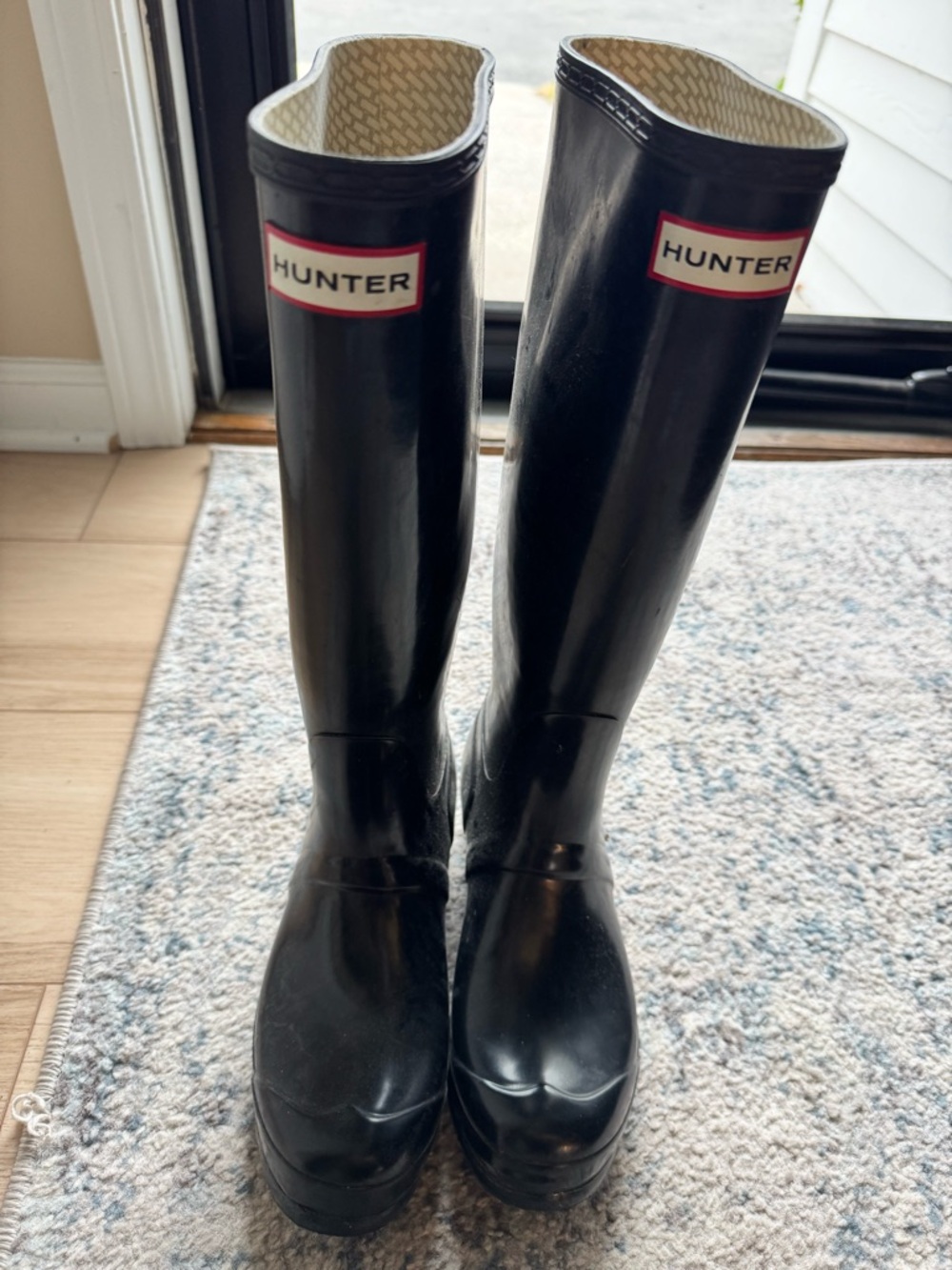 Hunter Black Gloss Tall Rain Boots with Logo Trim